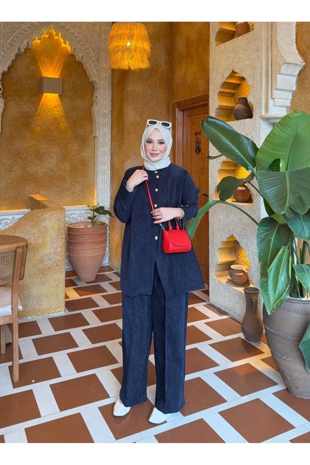 Velvet Pantsuit Modest Two-Piece Set, Navy Blue