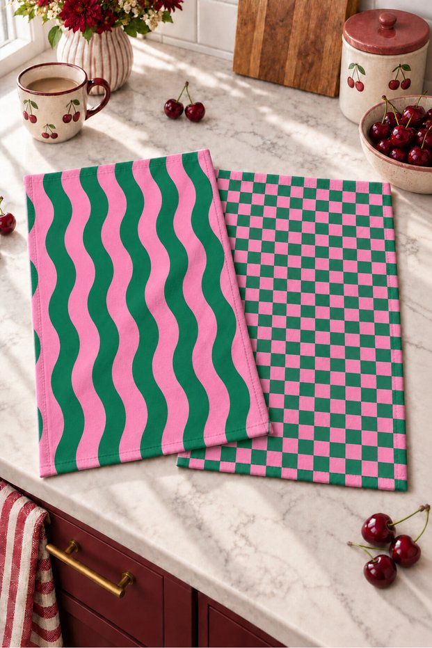 Mint Groove Wave and Checkered Pattern Digitally Printed 2-Piece Kitchen Towel Set, 35x55 cm
