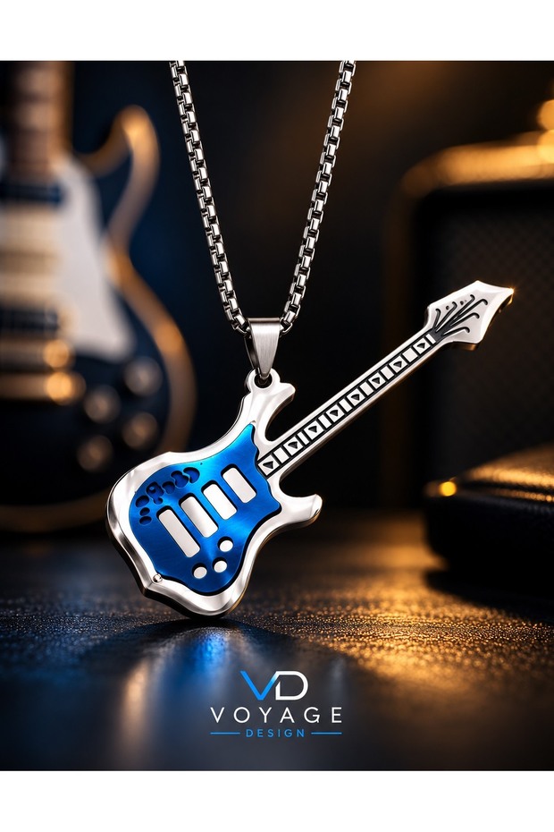 Stainless Steel Rock Music-Themed Blue Electric Guitar Necklace