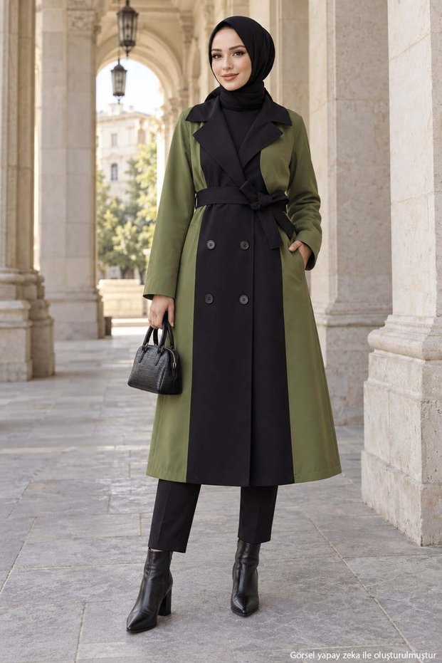 Two-Tone Belted Trench Coat, Khaki HM2983