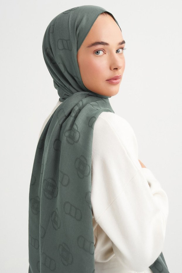 Monogram Patterned Tensel Wool-Viscose Shawl, Ash Green
