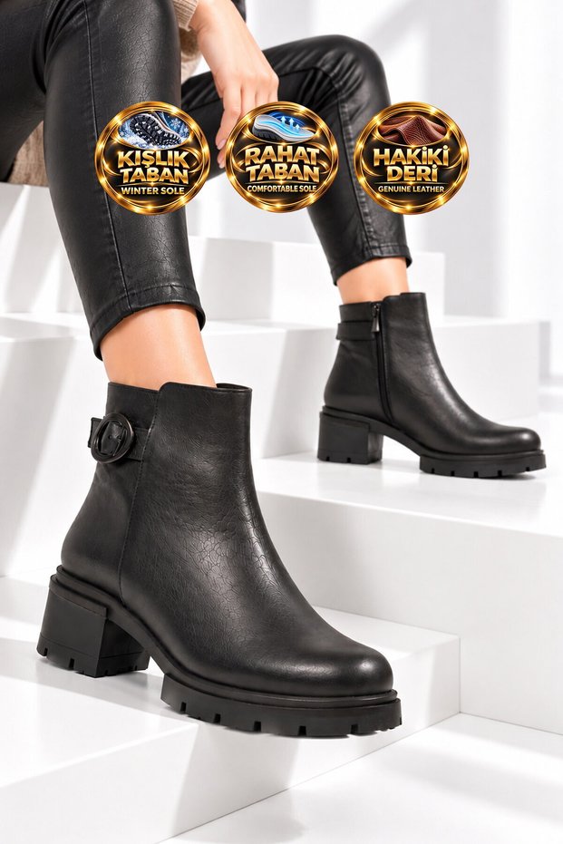 Black Genuine Leather Women's Zip-Up Boots with Buckle Detail and Fleece-Lined Insulation 27362-1