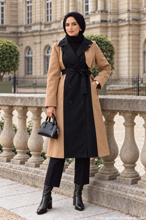 Two-Tone Belted Trench Coat, Camel, HM2983