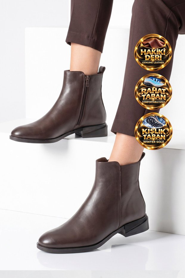 Coffee-Colored Genuine Leather Zip-Up Boots for Women with Fleece-Lined Insulation 27492-1