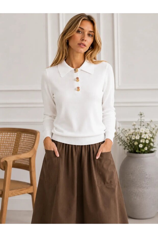 Women's Polo Collar, Button-Collar Detail, Soft-Textured, Long-Sleeve Knit Sweater 12511.Crs