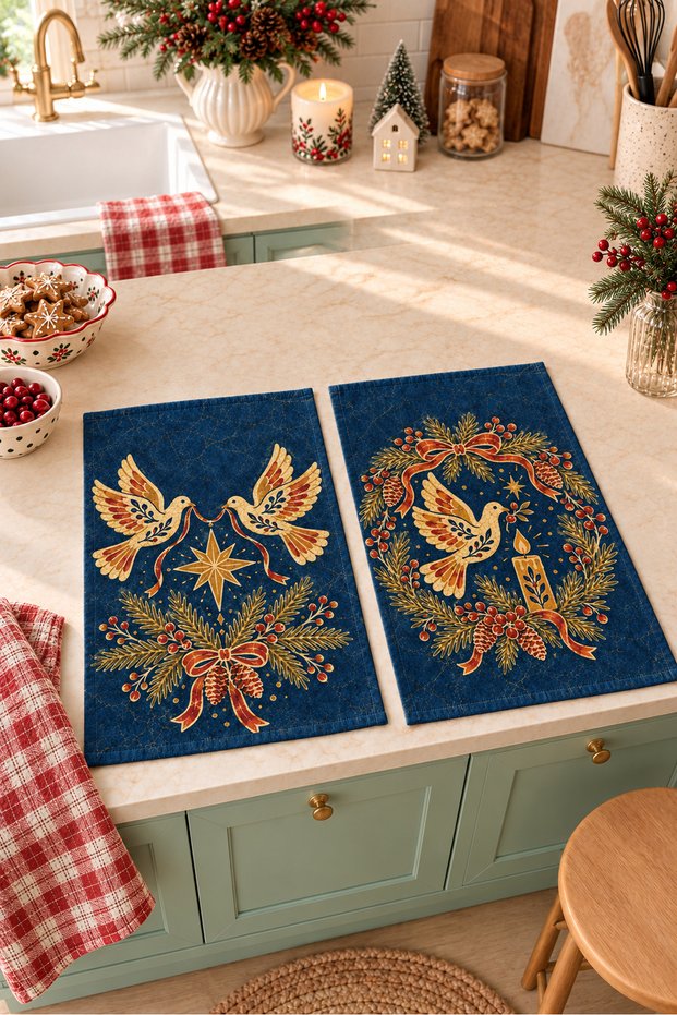 Golden Dove 2-Piece Kitchen Towel Set with Bird and New Year's Wreath Designs, Digitally Printed, 35x55 cm