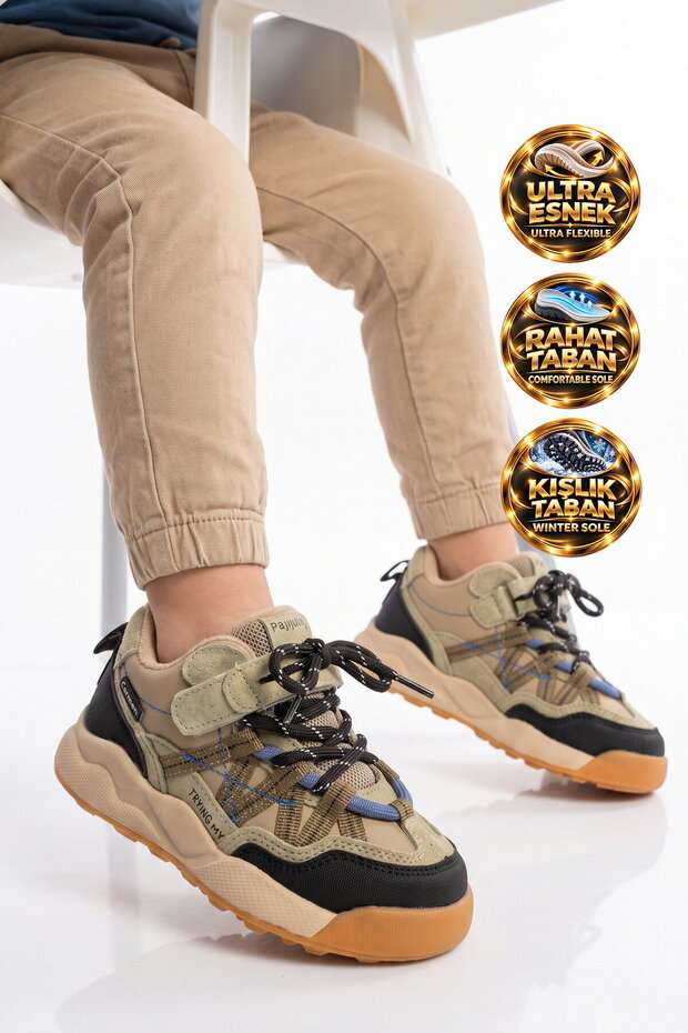 Pampili Black-Beige Velcro-Strap and Lace-Up Boys' Boots IH5MNC