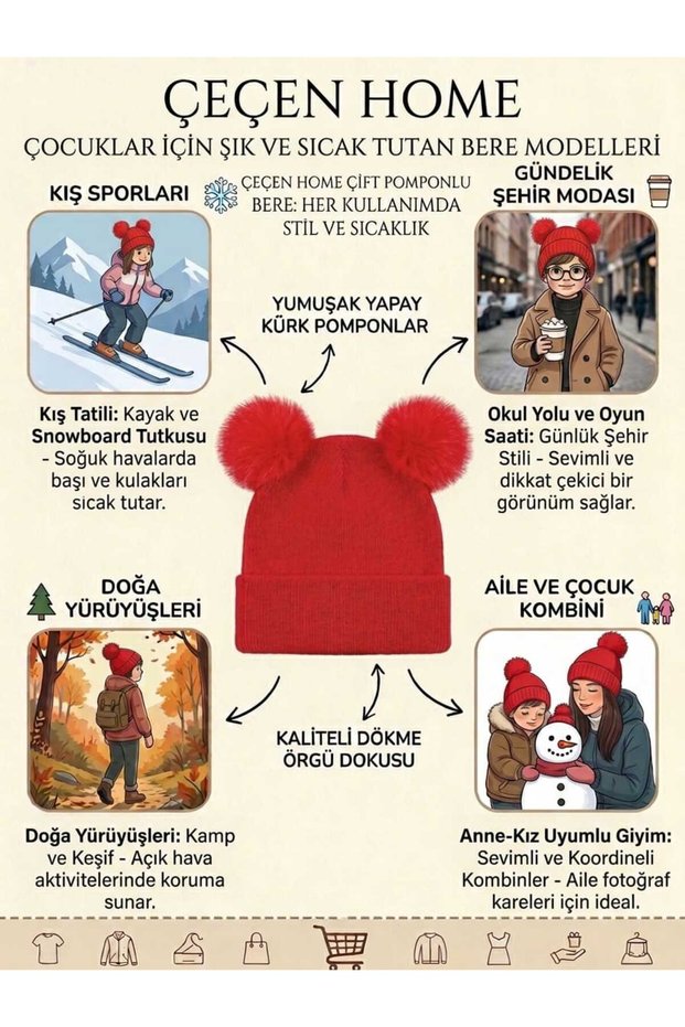 1 Children's Red Beanie with Two Pom-Poms - Super Soft Fur-Trimmed, High-Quality Knitted Textured Design, Stylish and Heat-Retaining Children's Beanie for Winter Play and Everyday Use