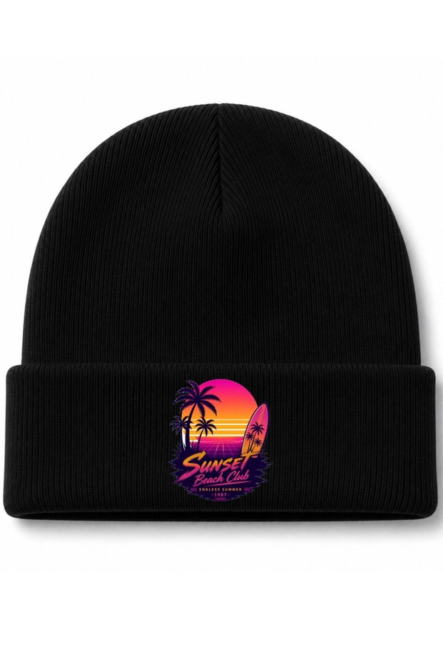 Sunset Beach Club 1987 – Retro Sunset, Palm Tree, and Surf-Themed Beanie