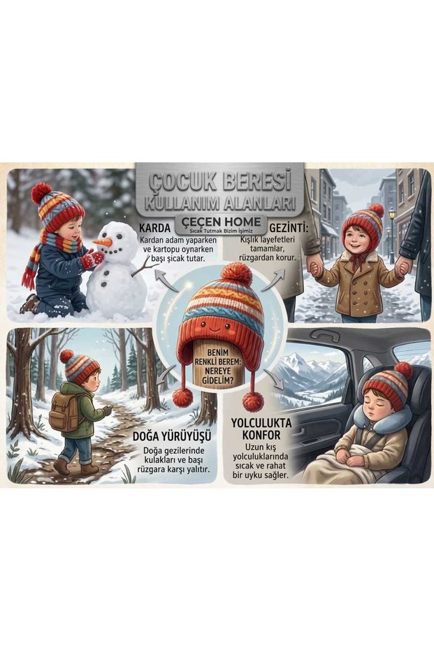 1 Children's Knitted Beanie with Ears and Colorful Pom-Poms - Soft, Heat-Retaining Winter Beanie for Girls and Boys