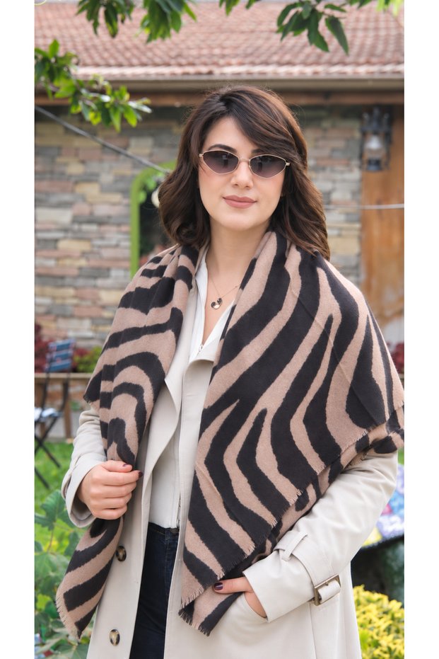 Brown Cotton Shawl with a Zebra Pattern