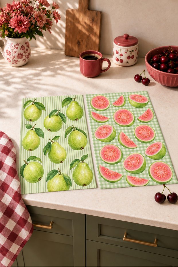 Guava-Patterned Digitally Printed 2-Piece Kitchen Towel Set, 35x55 cm