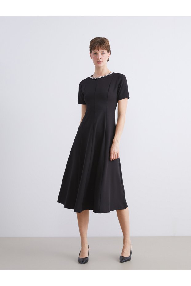 TWO MT SHOP QUALITY LCW Comfort Black Crepe Dress with Rhinestones