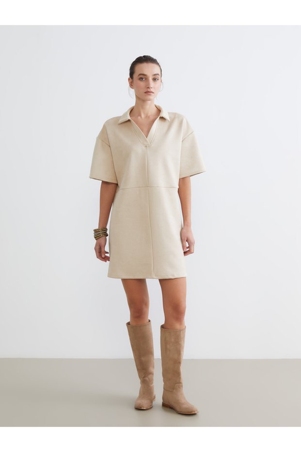 LCW Comfort Beige Suede-Look Straight Dress, Featuring the ALITA CITY Touch