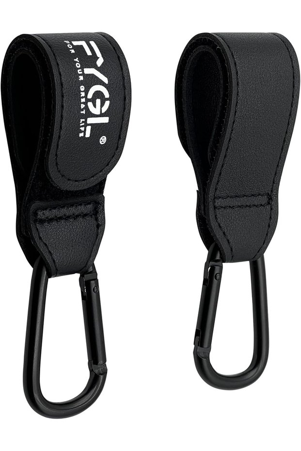 Stroller Hooks - Leather Buggy Clips, Black (2 Pack)