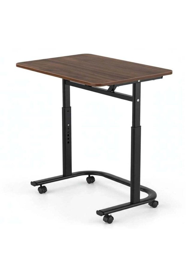 Adjustable Laptop Table 60 x 40 cm with Wooden Top, Height 70-80 cm, C-Shaped Base, 4 Wheels
