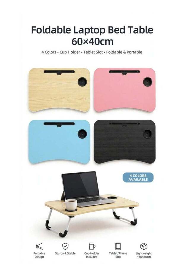 Foldable Laptop Bed Table 60 x 40 cm with Cup Holder and Tablet Slot, Portable Wooden Lap Desk