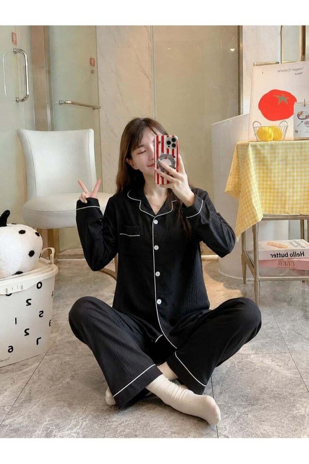 Women Office Wear Printed Pajama Set One Size, Long Sleeve Round Neck Loose Top