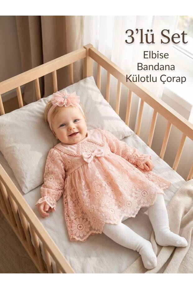 Girl Baby Christening Dress 3-Piece Set with Bandana, Tights, and Lace—Newborn Hospital Outfit, Wedding Dress, Evening Gown—100% Cotton Christening Set 8025