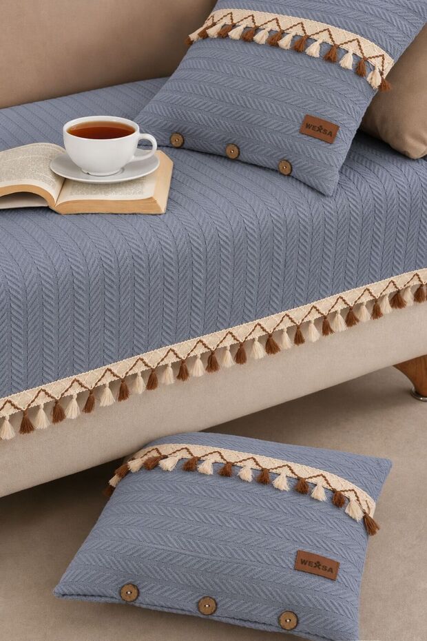 Modern Bohemian Textured Sofa Cover 1 Piece Cover 85X200 cm and 2 Pillow Cases 40X40 cm - Tassel Detailed