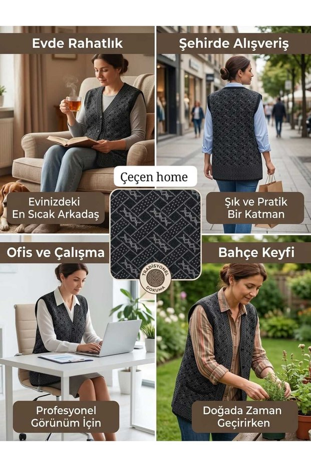 Women's Black and Gray Patterned Button-Down V-Neck Knit/Woven Vest—Stylish, Comfortable, and Heat-Retaining Fall/Winter Clothing for Home, Office, and Everyday Use