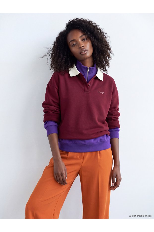 TWO MT SHOP QUALITY LCW Modest Burgundy 3-Thread Brushed Inside Printed Loose & Oversized Women's Sweatshirt Tunic