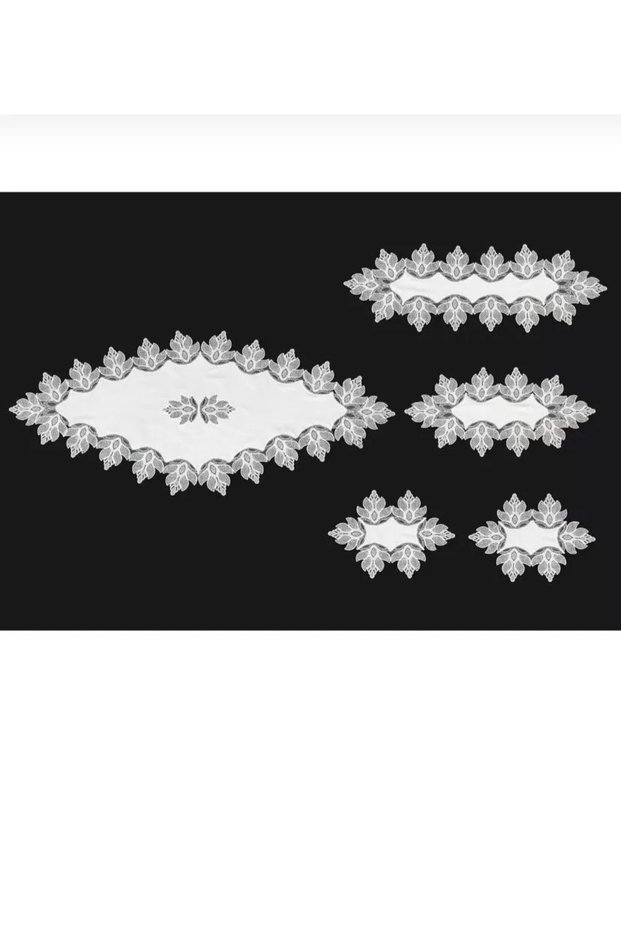 Living Room Set 5 Piece Lace Linen Tablecloth Runner Set Dowry Box Pera Model No 3982 Cream