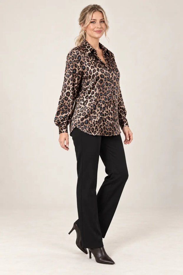 Women's Plus-Size Leopard Print Long-Sleeve Satin Shirt HZL26S-ZSS1066
