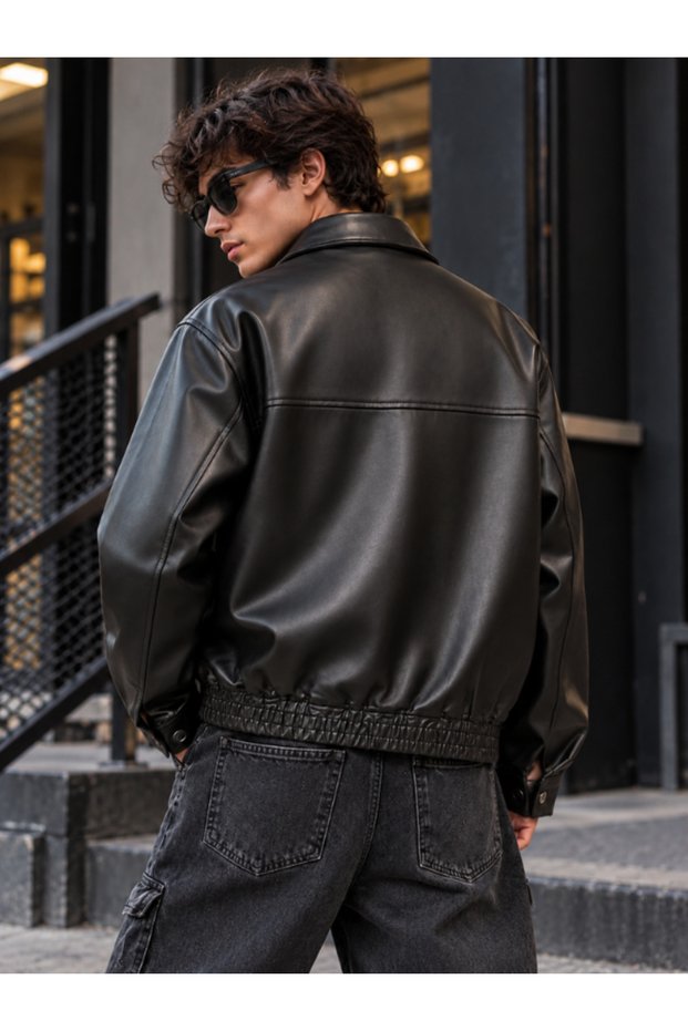 Men's Black Oversized Classic Unprinted Leather Jacket BASIC