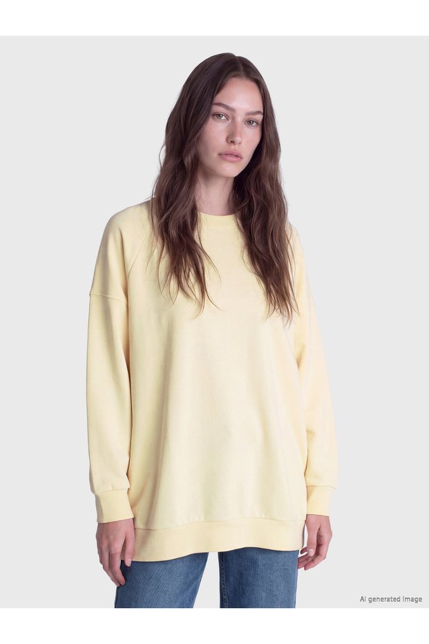TWO MT SHOP QUALITY LCW Modest Beige 3-Ply Brushed Inside Solid Oversized Women's Sweatshirt Tunic