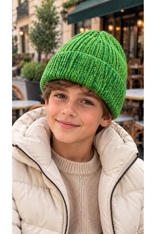 Green, Soft-Textured Corded Fabric Knit Boys' Beanie, Ages 7–12