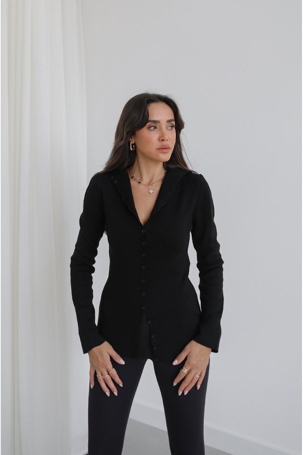 Steel-Knit Cardigan with Black Buttons