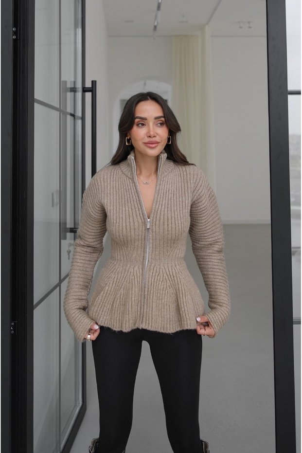 Beige Mock Neck Peplum Cardigan
