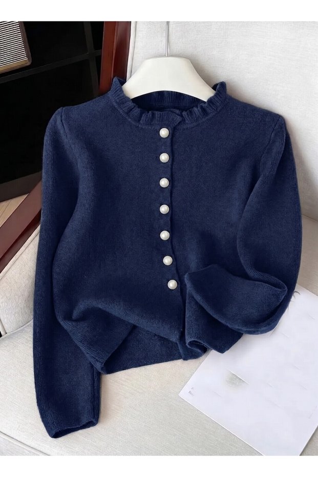 Women's Ruffled Soft Textured Pearl Buttoned Knitwear Cardigan