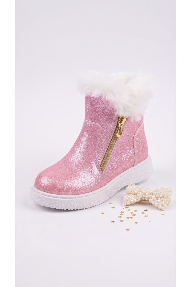 GIRLS' PINK ZIP-UP BOOTS WITH FUR DETAILS, Non-Slip Soles, and a Sparkly, Stylish Design