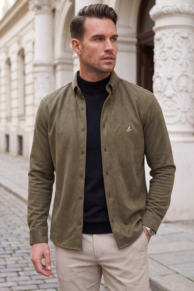 Men's Regular Fit Non-Iron, Wrinkle-Resistant Khaki Suede Shirt – Pilling-Resistant with Stretch Fabric 2700764