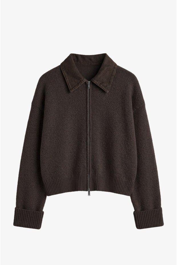 Brown Denim-Collar Zip-Up Cardigan