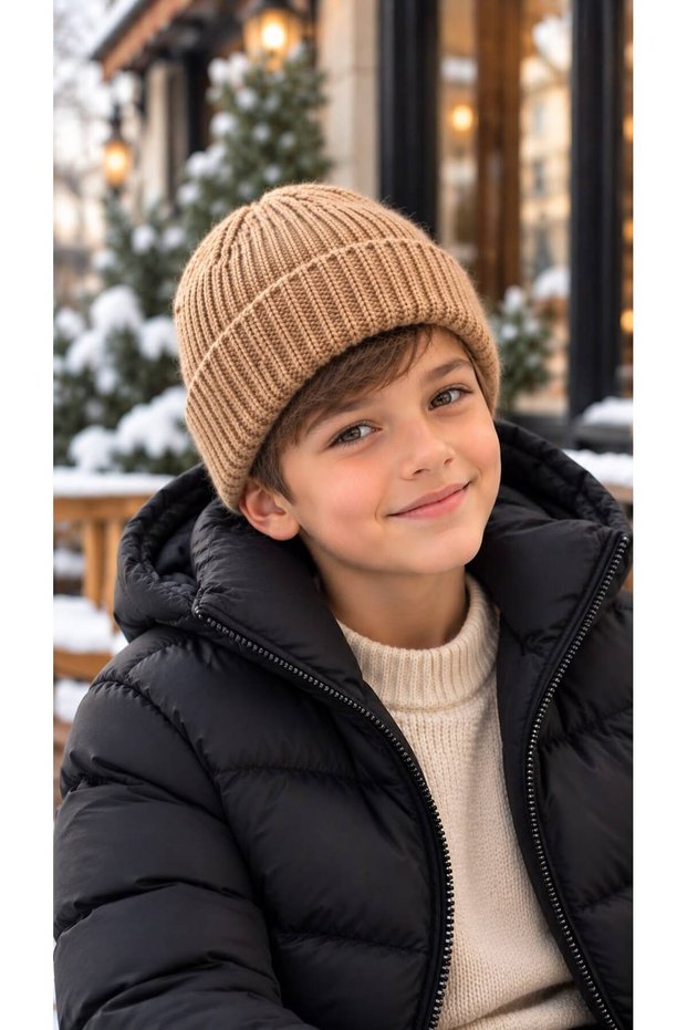 Camel Soft-Textured Corded Fabric Knit Boys' Beanie, Ages 7–12