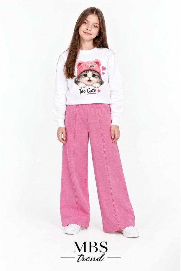 Winter Girls' Pink Fleece-Lined Pants "Too Cute" Cat-Printed White Two-Piece Set