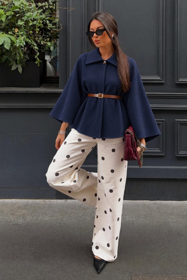 Women's Navy Blue Bell-Sleeve Coat with Spanish-Style Cuffs