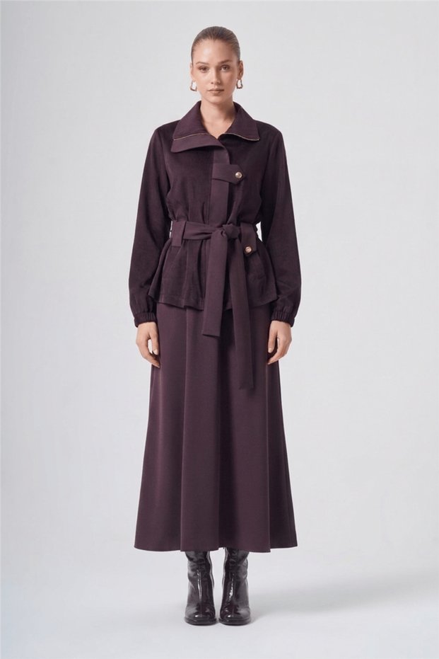 1045 Wide-Collar, Front Zippered Velvet Two-Piece Set with Skirt