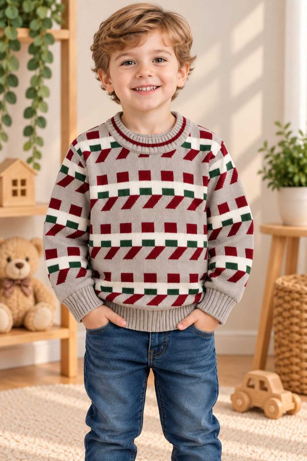 Boys' Patterned Crew Neck Stretch Knit Sweater