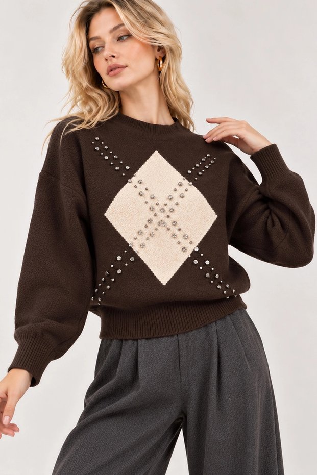 Women's Soft Knit Sweater with Brown Stone Embellishments and a Patterned Crew Neck