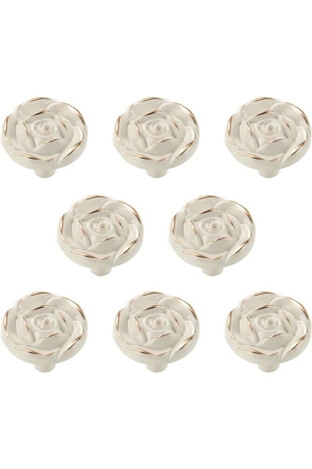 Vintage Rose Drawer Knobs, White with Gold Trim, Flower Design Cabinet Pulls, 8 Pack