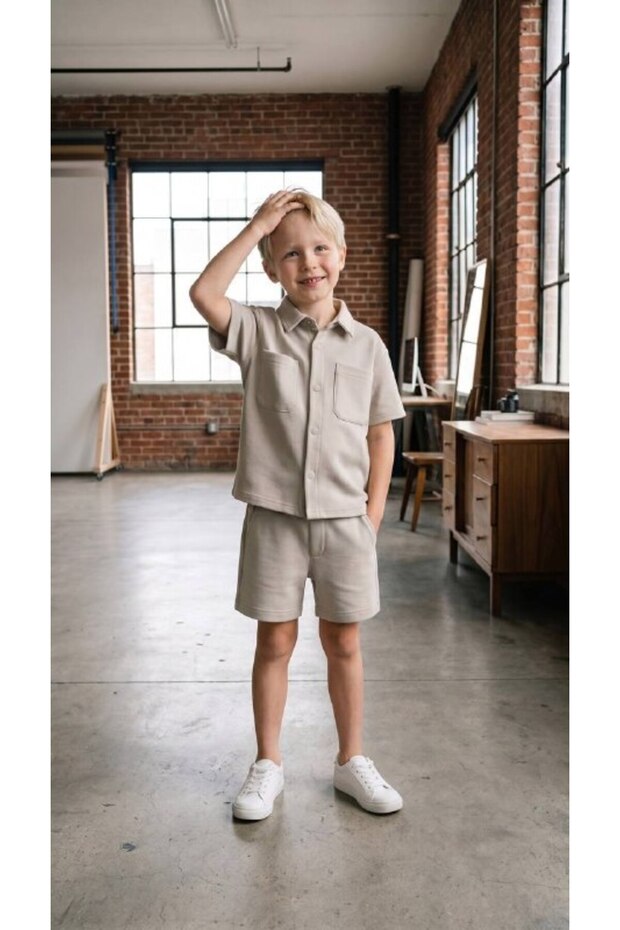 Boys' Beige Shirt and Shorts Set