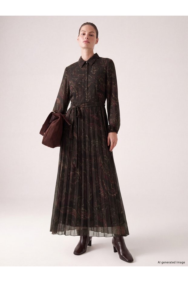 LCW STUDIO Purple Chiffon-Print Standard & Regular Shirt Collar Long Dress, Featuring the ALITA CITY Touch