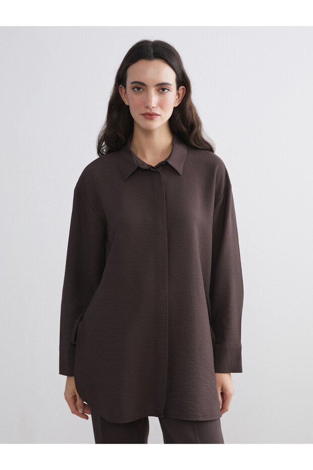 LCW Modest Brown Women's Tunic Shirt with Hidden Pockets, Featuring the ALITA CITY Touch