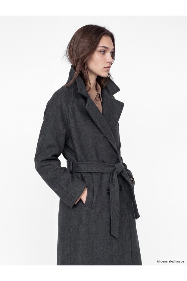 LCW Modest Gray Double-Breasted Women's Melton Coat, With the ALITA CITY Touch