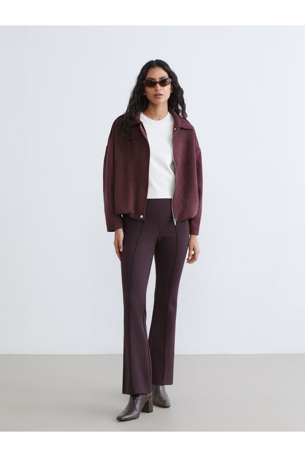 LCW Modest Burgundy Solid Straight & Slim Flared Women's Pants, Featuring the ALITA CITY Touch