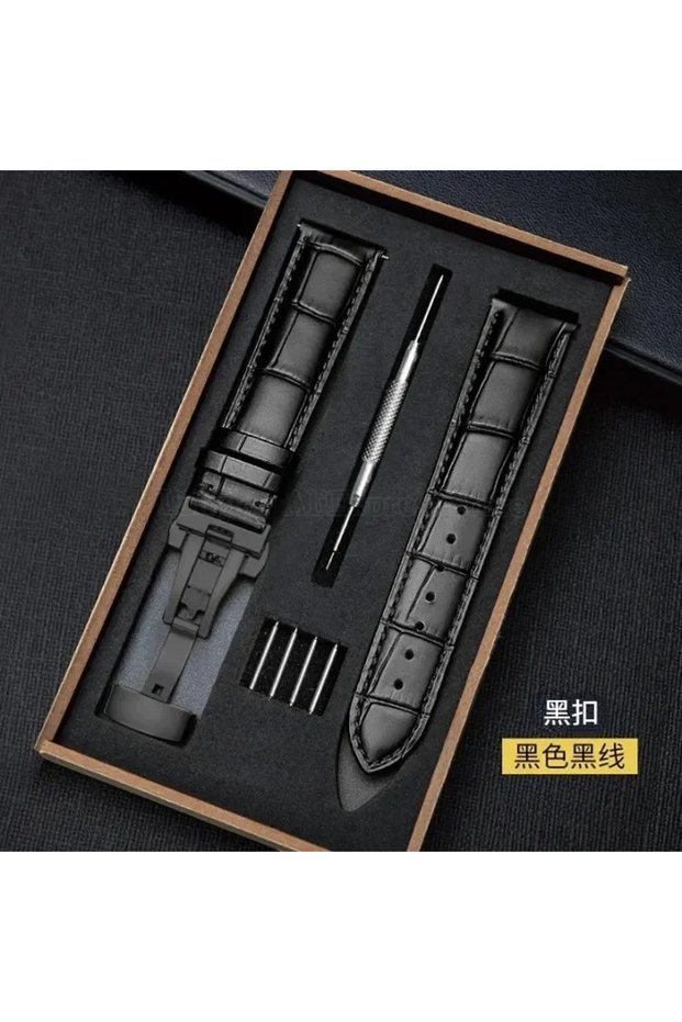 20mm Black Black Genuine Leather Strap With Box Watch Band Butterfly Clasp Bracelet 12/14/16/18mm 20